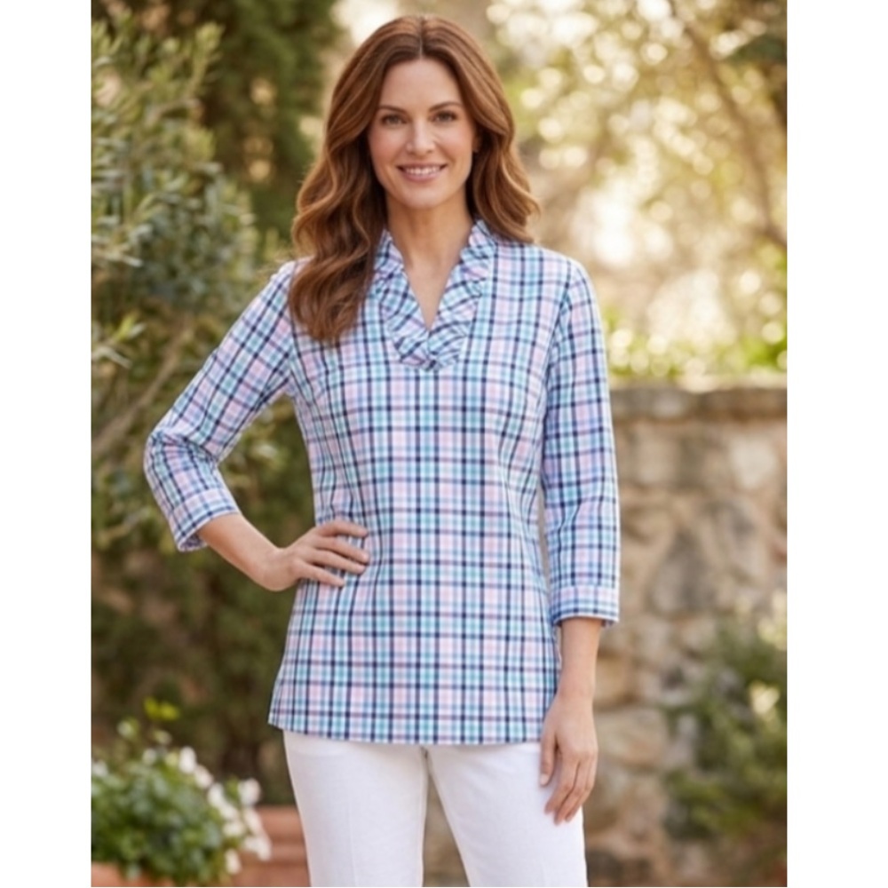 Talbots Gingham Ruffle-Neck Popover Tunic Blouse Size 4